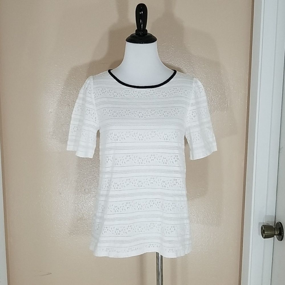 LOFT white lace short sleeve tee with black trim